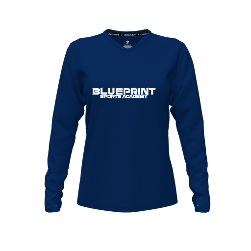 [CUS-DFW-TEES-PER-VNK-LSL-NVY-FYXS-LOGO1] Performance T-Shirt (Female Youth XS, Navy, V Neck, Logo 1, Long Sleeve)