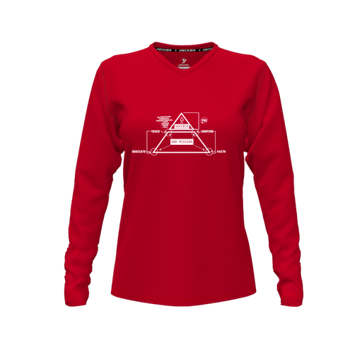 [CUS-DFW-TEES-PER-VNK-LSL-RED-FYXS-LOGO2] Performance T-Shirt (Female Youth XS, Red, V Neck, Logo 2, Long Sleeve)