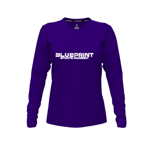 [CUS-DFW-TEES-PER-VNK-LSL-PUR-FYXS-LOGO1] Performance T-Shirt (Female Youth XS, Purple, V Neck, Logo 1, Long Sleeve)